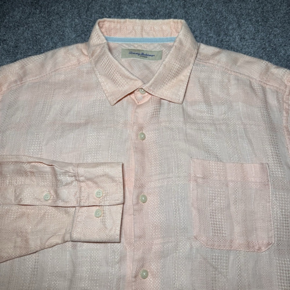 Tommy Bahama 100% Linen Button Up Shirt Men Large Pink Textured Long Sleeve